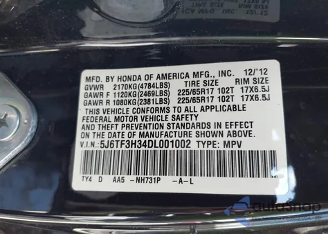 2013 Honda Crosstour Ex из США, поврежденный, VIN 5J6TF3H34DL001002